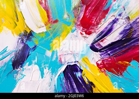 Farbe abstrakte Acrylmalerei Hintergrund mit blauen, weißen, gelben und roten Handschlägen Stockfoto