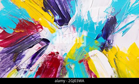 Farbe abstrakte Acrylmalerei Hintergrund mit blauen, weißen, gelben und roten Handschlägen Stockfoto