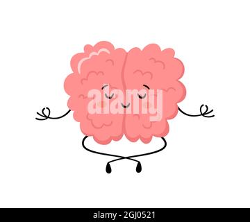 Niedliches menschliches Gehirn in Yoga-Pose. Kawaii gesunder Gehirncharakter, der Yoga praktiziert und meditiert. Lustige Vektor-Cartoon-Illustration isoliert auf weiß Stock Vektor