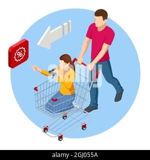 Isometrischer Verkauf, saisonale Rabatte in Geschäften, Rabattzeit. Konzept des Verkaufs oder Kaufs Stock Vektor