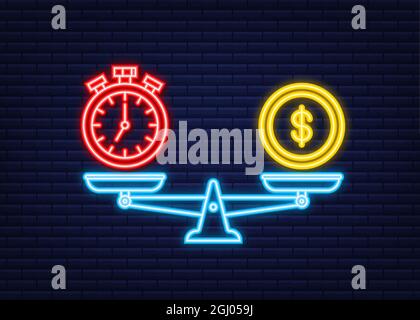 Das Symbol „Zeit ist Geld“ auf der Waage. Neonsymbol. Geld- und Zeitguthaben nach Maß. Vektorgrafik. Stock Vektor