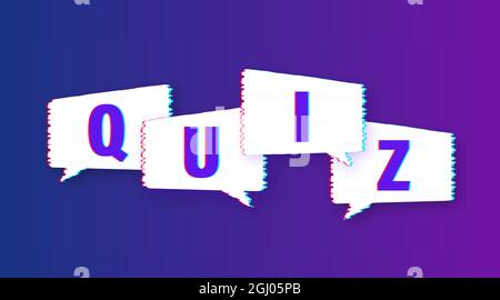 Quiz-Logo mit Sprechblasensymbolen, Konzept der Fragebogenshow Sing, Quiz-Taste, Fragenwettbewerb. Glitch-Symbol. Vektorgrafik. Stock Vektor