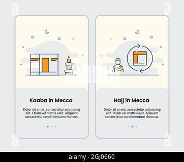 kaaba in mecca und hajj in mecca Icons Onboarding Vorlage für mobile benutzeroberfläche App Anwendung Design Vektor Illustration Stockfoto