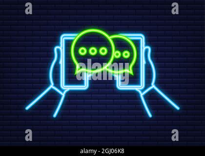 Chat-Nachricht erscheint auf dem Smartphone-Bildschirm. Neonsymbol. Soziales Netzwerk. Messaging. Vektorgrafik. Stock Vektor