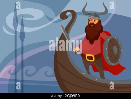 Wikingerbanner mit Krieger auf dem Schiff. Skandinavisches Plakatdesign im Cartoon-Stil. Stock Vektor