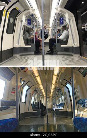 Fotoaufnahmen eines Wagens in einem U-Bahn-Zug der Jubilee Line zur Hauptverkehrszeit in London heute (oben) und am 25/03/20, nachdem Premierminister Boris Johnson Großbritannien in die Sperre gesetzt hatte, um die Ausbreitung des Coronavirus einzudämmen. Bilddatum: Mittwoch, 8. September 2021. Stockfoto