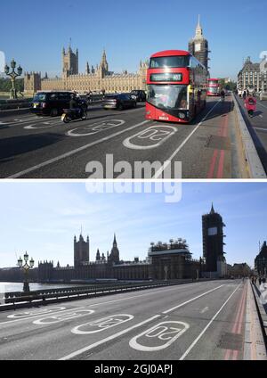 Fotos der Westminster Bridge und der Houses of Parliament in Westminster, London heute (oben) und am 24/03/20, einen Tag nachdem Premierminister Boris Johnson Großbritannien in den Sperrwall gesetzt hatte, um die Ausbreitung des Coronavirus einzudämmen. Bilddatum: Mittwoch, 8. September 2021. Stockfoto