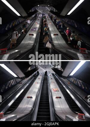 Zusammengesetzte Fotos vom Bahnhof London Bridge heute (oben) und am 24/03/20, dem Tag, nachdem Premierminister Boris Johnson das Vereinigte Königreich in die Sperre gesetzt hatte, um die Ausbreitung des Coronavirus einzudämmen. Bilddatum: Mittwoch, 8. September 2021. Stockfoto