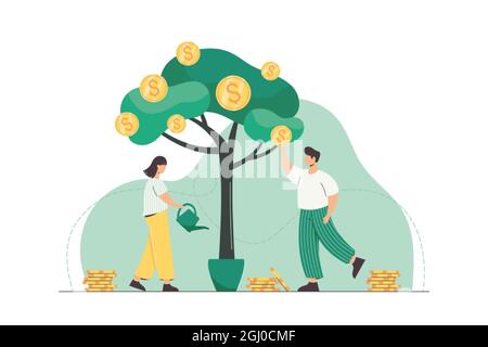Leute wässern Geldbaum und pflücken goldene Münzen von der grünen Pflanze. Erfolgreiches Geschäftswachstum, Ertrags- und Investitionskonzept. Flache Charaktere, die Geld verdienen. Unternehmen haben finanzielle Gewinne in bar. Stock Vektor