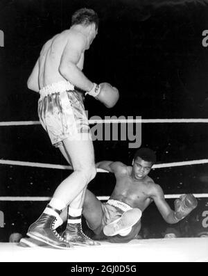 Henry Cooper hämmert Cassius Clay am Ende der vierten Runde ihres Kampfes in Wembley, London. Ali dominierte die Boxringe der Welt, bis auf einen Moment im Juni, als Henry Cooper, British, und Empire Heavyweight Champion ihn auf die Leinwand legten. Juni 1963. Stockfoto