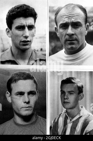 Oben links: Enrique Perez Daiz ''Pachin'' (23) der volle Rücken für Real Madrid; oben rechts: 35-jähriger Alfredo Di Stefano, der Real Madrid Mitte-vorne. Unten links:Marcelino Gonzalez (23) Zaragoza innen links; unten rechts: Barcelona innen rechts, neunzehnjährige Zaldua. Dezember 1961. Stockfoto