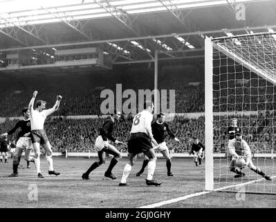 England gegen Schottland in einem Qualifikationsspiel für die Europameisterschaft - Ronnie Simpson, Schottlands Torwart, taucht ein, um vor Jack Charlton zu retten, was Engalnd als Ziel ansieht. Simpson ist auch hinter der Linie. April 1967 Stockfoto