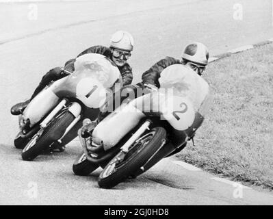 Assen, Holland: Großbritannien Mike Hailwood (N0 . 1), der Weltmeister im Motorradsport, fährt auf einem Vierzylinder-Italiener M.V., folgt Teamkollegen Giacomo Agostini (N0.2) bei der Runde einer Kurve während des Senior Dutch T.T. Hailwood, der kürzlich den Isle of man Senior T.T. gewann, konnte am 26. Juni in Assen einen neuen Rekord auflegen, als er nach einem großen Duell mit Agostini das Rennen gewann. Seine Zeit für das 96.6-Meilen-Rennen war das Duell mit Agostini. Seine Zeit für das 96.6-Meilen-Rennen betrug 64:59.6 Sekunden - ein Durchschnitt von 88.4 M.P.H. 29. Juni 1965 Stockfoto