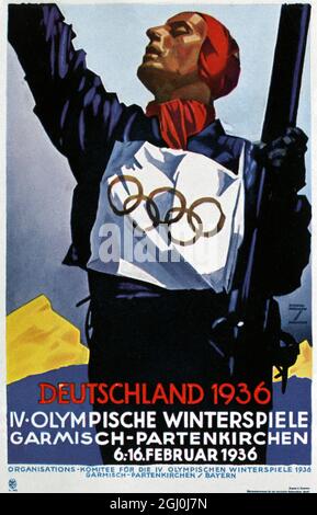 Deutschland 1936 - IV. Olympische Winterspiele in Garmisch-Partenkirchen 6:16. Februar 1936. - Deutsches Propagandaplakat für die Spiele. ©TopFoto Stockfoto