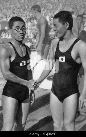 1932 Olympische Spiele, Los Angeles, USA, Schwimmen, japanisches Schwimm-Paar K, Kitamura (R), der mit S die Goldmedaille gewann, Makino, der Silber in der Männer 1500 Meter Fresstyle holte Stockfoto