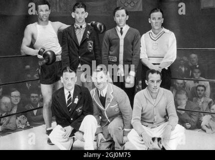 Boxer:Goldmedaillengewinnerin bei den Olympischen Spielen 1932, Los Angeles, USA, Schwergewichtsgoldgewinnerin Santiago Lovell, ARG-Schwergewichtsgoldgewinnerin David Carstens, SAF-Goldgewinnerin Carmen Barth, USA Weltgewichtsgoldgewinnerin Edward Flynn, USA Leichtgewichtsgoldgewinnerin Lawrence Stevens, SAF-Bantamgewichtsgoldgewinnerin Horace Gwynne, CAN Featherweight Gold Gewinner Carmelo Robledo, ARG Stockfoto