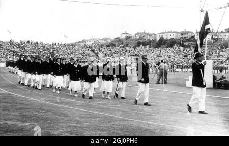 Schotten bei den Empire Games , Auckland , Neuseeland das schottische Team hat sich beim vormarsch bei der feierlichen Eröffnung der Empire Games im Eden Park , Auckland , Neuseeland am 11. Februar 1950 gezeigt Stockfoto