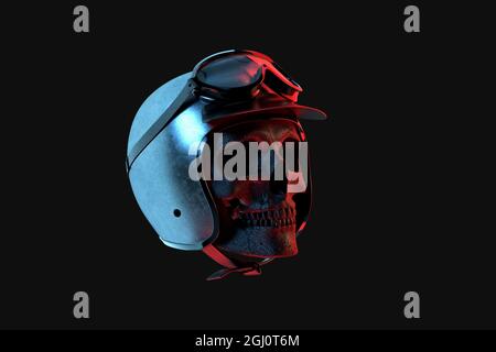 Racer Skull im Vintage Helm mit Brille. 3D-Rendering Stockfoto