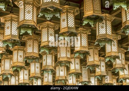 Japan, Hiroshima, Miyajiama, Daisho-in-Tempel, Hakkaku-Manpuku-Halle, Laternen Stockfoto