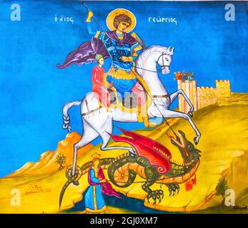 Saint George Drachen Fresko St.-Georgs griechisch-orthodoxe Kirche Madaba Jordan.  Kirche entstand in den späten 1800er und beherbergt viele berühmte Mosaiken Stockfoto