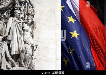 Die Skulptur von der Triumph von Napoleon auf den Arc de Triomphe. Paris. Frankreich Stockfoto