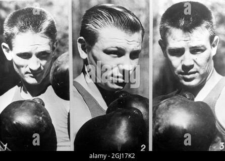 Gezeigt werden Mitglieder des RUSSISCHEN TEAMS, das an den EUROPAMEISTERSCHAFTEN IM BOXEN in Moskau vom 26. Mai 1963 bis zum 2. Juni 1963 teilgenommen hat. LtoR - bantamweight OLEG GRIGORYEV ; federleicht STANISLAV STEPASHKIN UND leichte BORIS NIKANOROV . 9. AUGUST 1963 Stockfoto