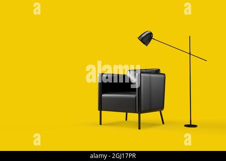 Minimalistisches Interieur mit Sessel und Lampe auf gelbem Hintergrund. 3D-Illustration Stockfoto
