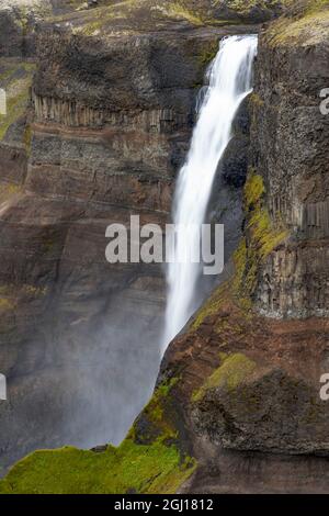 Island, Southern Highlands, Haifoss Wasserfall. Der Fossa River, der über die Klippen fließt und 122 Meter tief abstürzt. Stockfoto