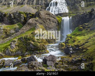 Dynjandi eine Ikone der Westfjorde. Die abgelegenen Westfjorde im Nordwesten Islands. Stockfoto