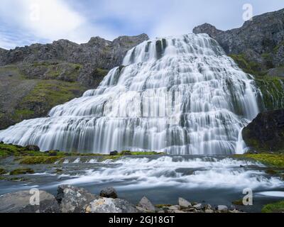 Dynjandi eine Ikone der Westfjorde. Die abgelegenen Westfjorde im Nordwesten Islands. Stockfoto