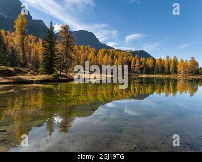 Lago San Pellegrino (Lech de San Pelegrin) im Herbst am Passo San Pellegrino in den Dolomiten, Italien. Stockfoto