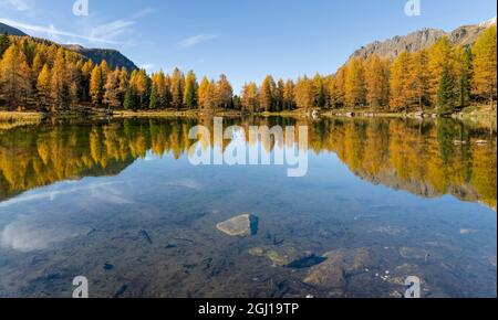 Lago San Pellegrino (Lech de San Pelegrin) im Herbst am Passo San Pellegrino in den Dolomiten, Italien. Stockfoto