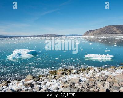 Küstenlinie übersät mit Eisbergen vom Eqip-Gletscher in Grönland, Dänisches Territorium. Stockfoto