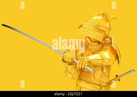 Nahaufnahme des kämpfenden Samurai in voller Rüstung. 3D-Rendering Stockfoto