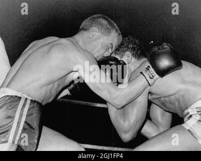 Johnny Caldwell (links) aus Belfast und der Franzose Alphonse Halimi kollidieren während ihres World Bantamweight Title Fight im Empire Pool, Wembley, London, mit ihren Köpfen. Caldwell, der Champion, behielt seinen Titel, als er die Entscheidung über Punkte erhielt. November 1961 Stockfoto