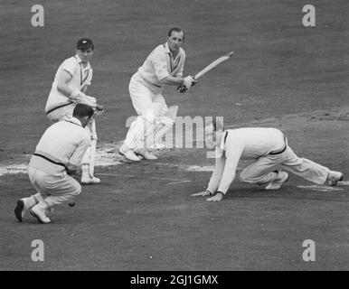 William John Edrich schneidet den Ball von Johnny Wardle ( John Henry Wardle vorbei an John Victor ''Vic'' Wilson und Dennis Brian Close in den Rutschen am Lords Cricket Ground 31. Mai 1958 Stockfoto