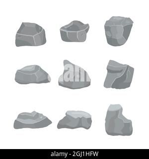 Graue Steine setzen Vektor-Iilustration isoliert n weißen Hintergrund. Verschiedene Elemente der Berge, Felsen Stock Vektor