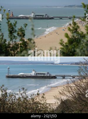 Zusammengesetzte Fotos vom Bournemouth Strand in Dorset heute (oben) und am 01/04/20 während der landesweiten Sperre für Coronavirus. Bilddatum: Mittwoch, 8. September 2021. Stockfoto