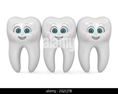 3D-Rendering von Cartoon Mr Tooth mit Freunden isoliert über weißen Backgorund. Konzept der Kinderzahnheilkunde. Stockfoto