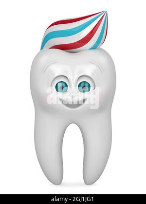 3D-Rendering von Cartoon Mr Tooth mit Zahnpasta isoliert auf weißem Hintergrund. Pädiatrisches Dentalhygienekonzept. Stockfoto