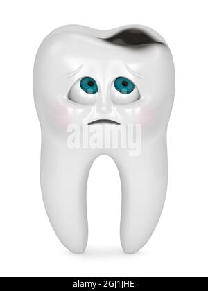 3D-Rendering von Cartoon Mr Tooth besorgt über Hohlraum auf weißem Hintergrund. Kinderzahnheilkunde Probleme Konzept. Stockfoto