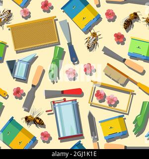 Imkereiausrüstung. Bienenstöcke im Bienenhaus. Nahtloses Muster. Honigextraktor, Schaber, Meißel, Messer und Bürsten. Bienenwabenrahmen. Handschuhe Stock Vektor