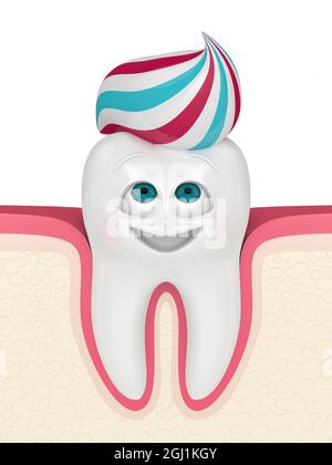 3D-Rendering von Cartoon in Gummi Mr Tooth Blick auf Zahnpasta. Pädiatrisches Dentalhygienekonzept. Stockfoto