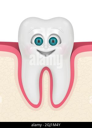 3D-Rendering von Cartoon lächelnd Mr Tooth in Gums über weißen Backgorund. Konzept der Kinderzahnheilkunde. Stockfoto