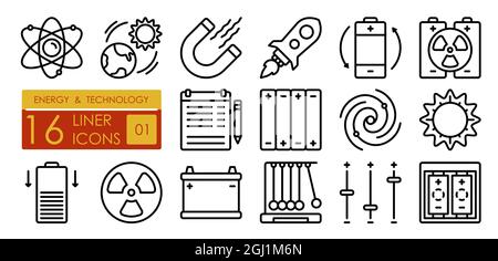 Technologien zur Erzeugung und Nutzung von Energie in Industrie und Wissenschaft. Atom, Magnet, Sonne, Akku, Batterie, Regler, Akkumulation. Satz von einfach Stock Vektor