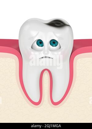 3D-Rendering von Cartoon Mr Tooth in Gums mit Blick auf die Kavität. Kinderzahnheilkunde Probleme Konzept. Stockfoto