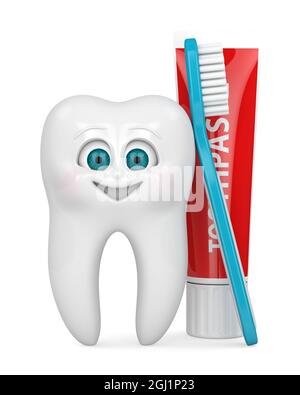 3D-Rendering von Cartoon Mr Tooth mit Zahnbürste und Zahnpasta isoliert auf weißem Hintergrund. Pädiatrisches Dentalhygienekonzept. Stockfoto