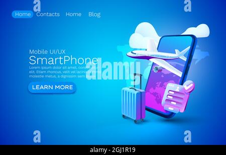 Smartphone Flugzeug App Banner Konzept, Ort für Text, Flughafen Online-Anwendung, Gepäck mobilen Service. Vektorgrafik Stock Vektor