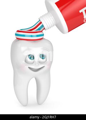 3D-Rendering von Cartoon Mr Tooth beim Betrachern von Zahnpasta auf weißem Hintergrund. Pädiatrisches Dentalhygienekonzept. Stockfoto