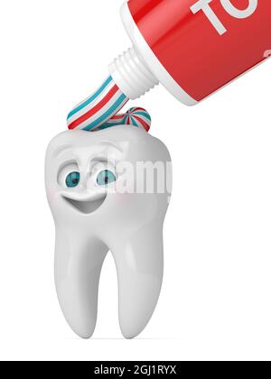 3D-Rendering von Cartoon Mr Tooth mit Zahnpasta isoliert auf weißem Hintergrund. Pädiatrisches Dentalhygienekonzept. Stockfoto